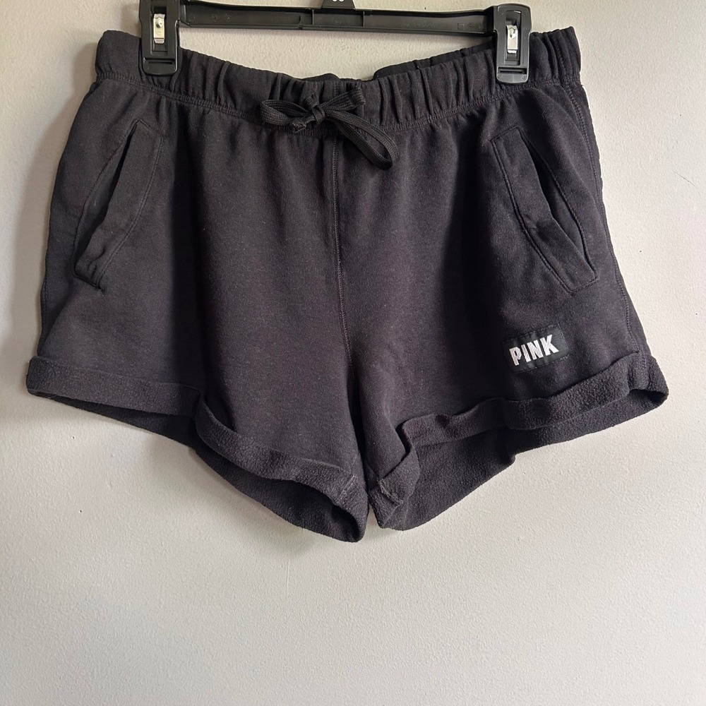 Victoria's Secret PINK Black Fleece Lounge Shorts Drawstring Pockets Womens M